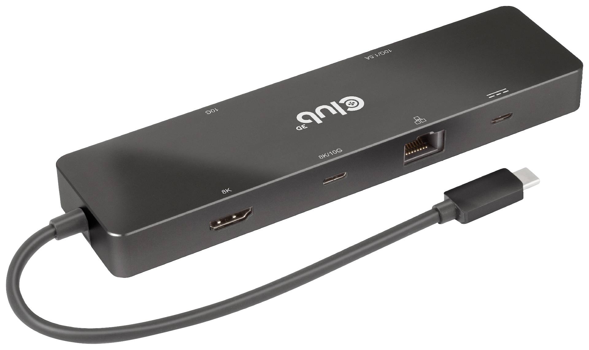 Un hub USB-C noir avec plusieurs ports : HDMI, Ethernet, USB. Il sert à étendre les possibilités de connexion.