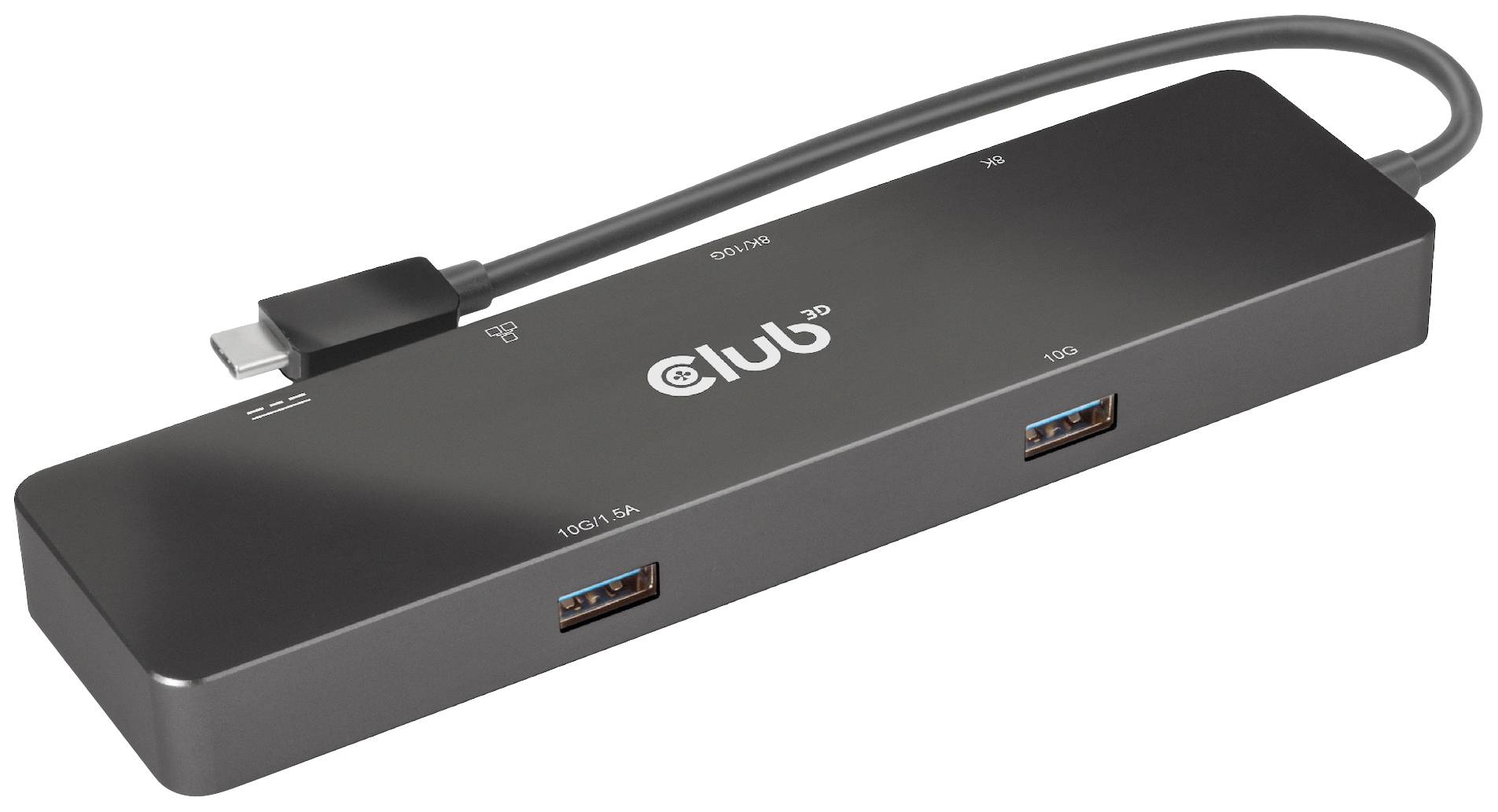 Un hub USB noir avec plusieurs ports et un câble. Logo de marque au centre.