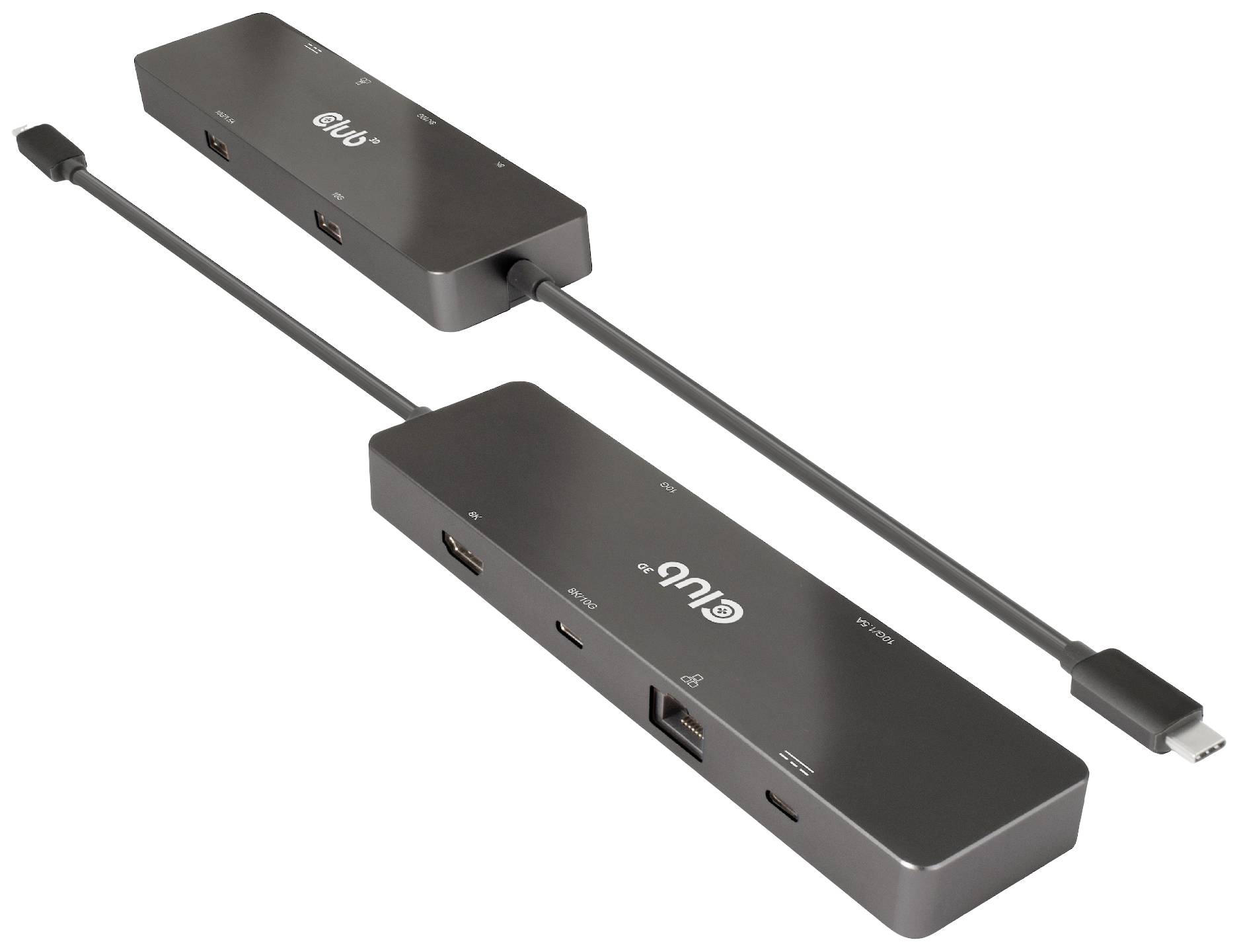 Deux stations d'accueil grises à connexion USB-C avec plusieurs ports, comprenant USB, HDMI et Ethernet, offrant une connectivité étendue.