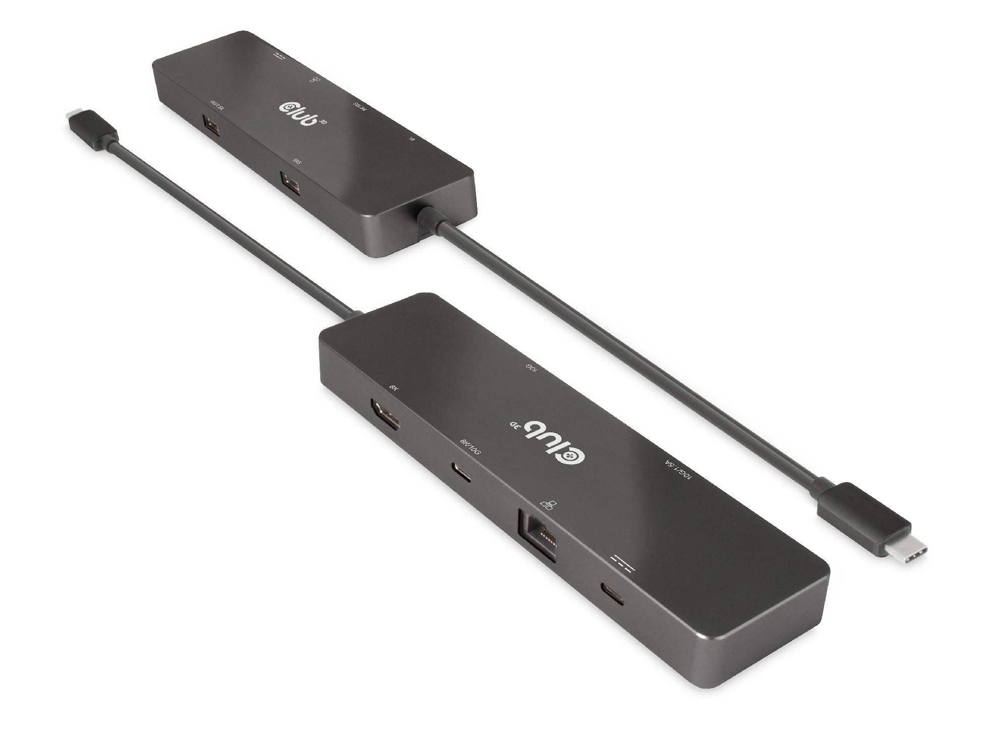 Deux stations d'accueil noires USB-C côte à côte, avec plusieurs ports pour différentes connexions, incluant USB et HDMI.