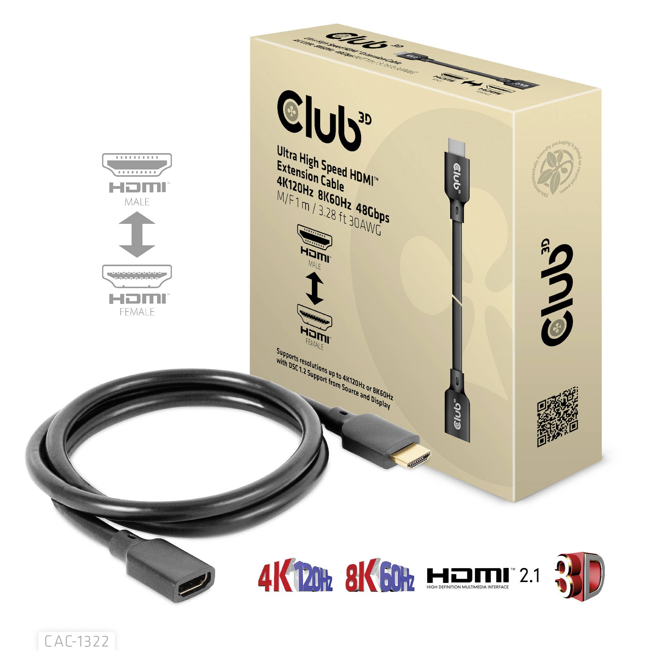 Câble de rallonge HDMI noir avec emballage indiquant 'Câble de rallonge HDMI Ultra Haute Vitesse', prenant en charge les résolutions 8K et 4K.