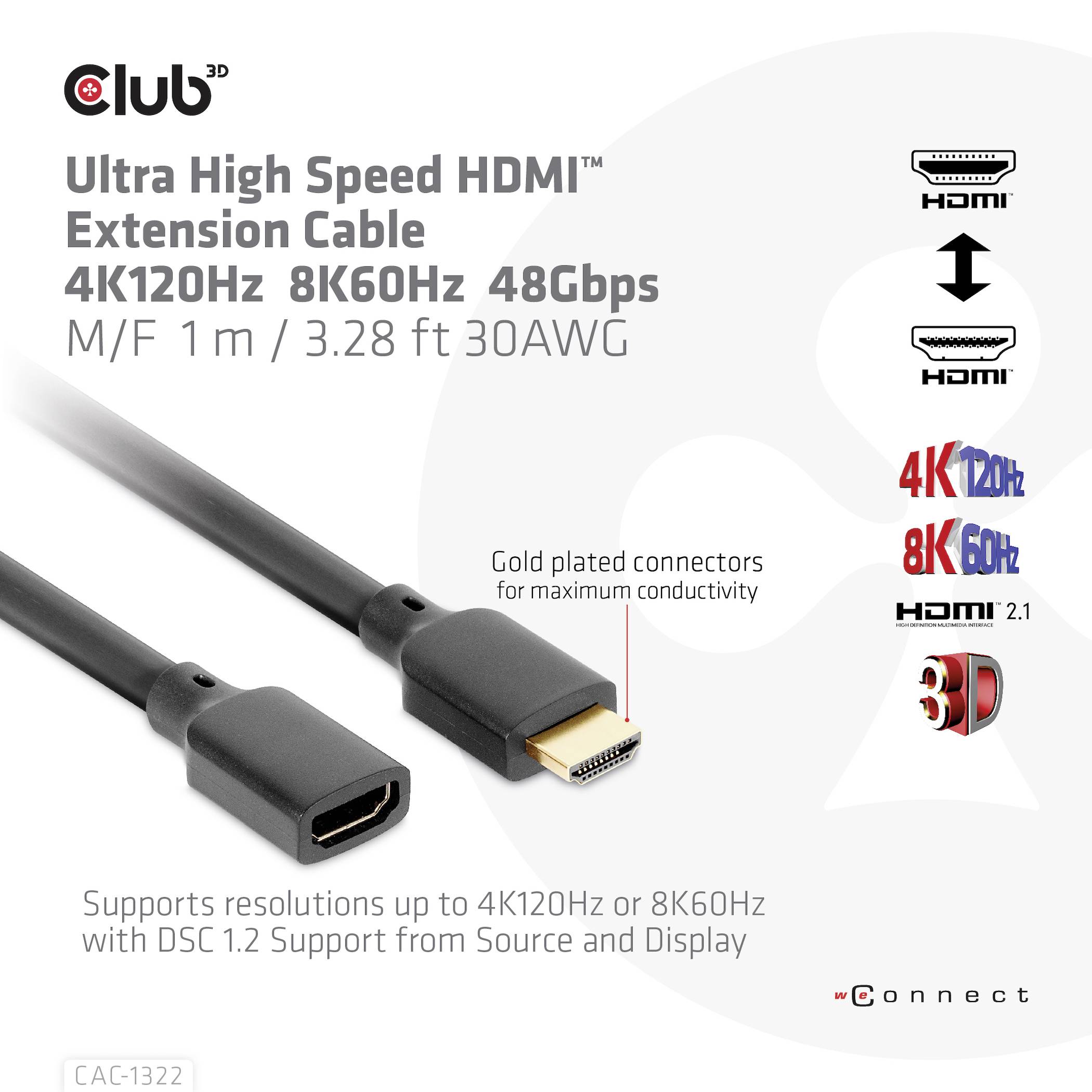 Câble HDMI Ultra Haute Vitesse, 4K120Hz, 8K60Hz, 1m, 48Gbps, maximise la connectivité, compatible HDMI 2.1, avec fiches dorées.