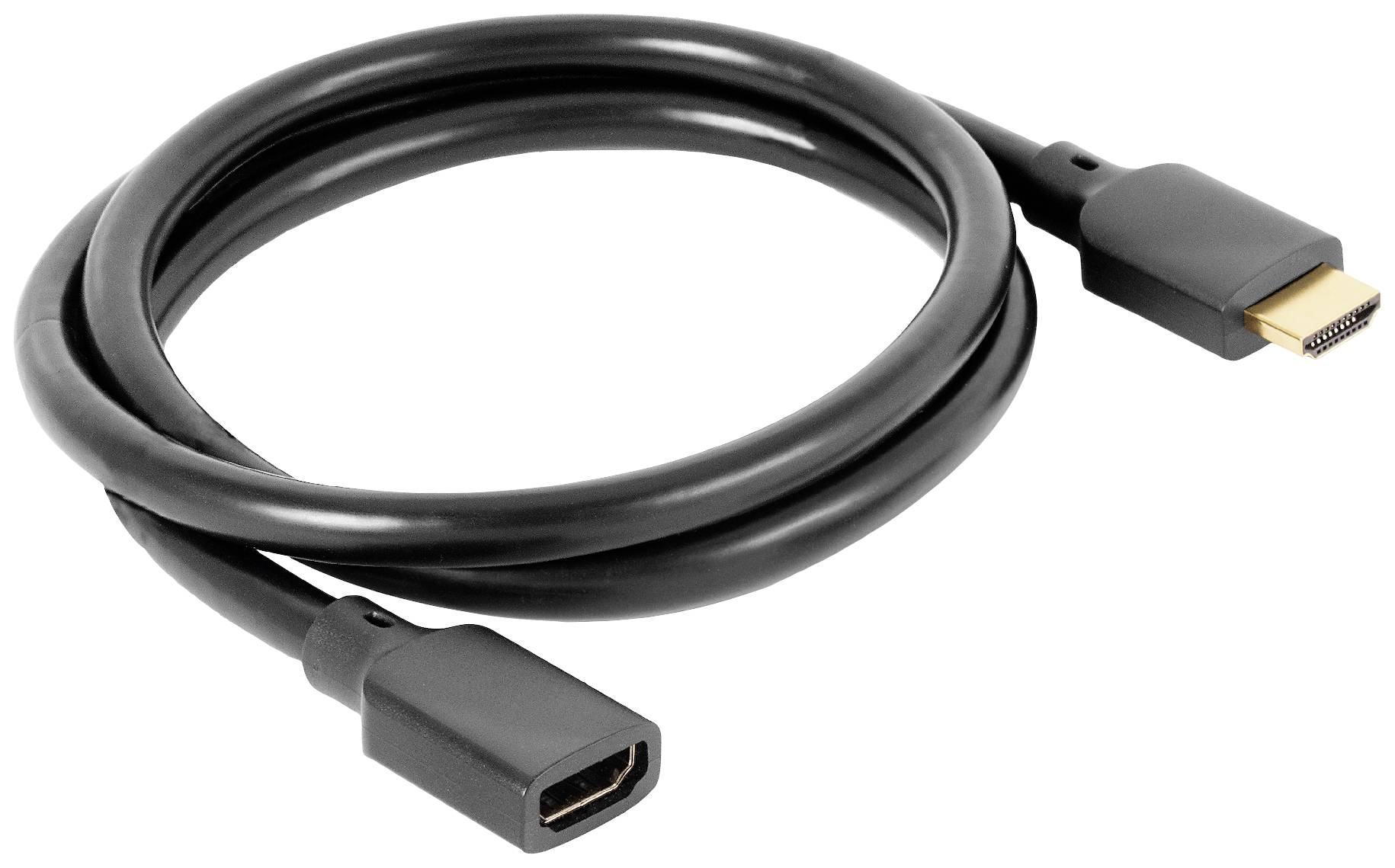 Un câble de rallonge HDMI noir avec une connexion mâle et une connexion femelle, enroulé et fabriqué en plastique.