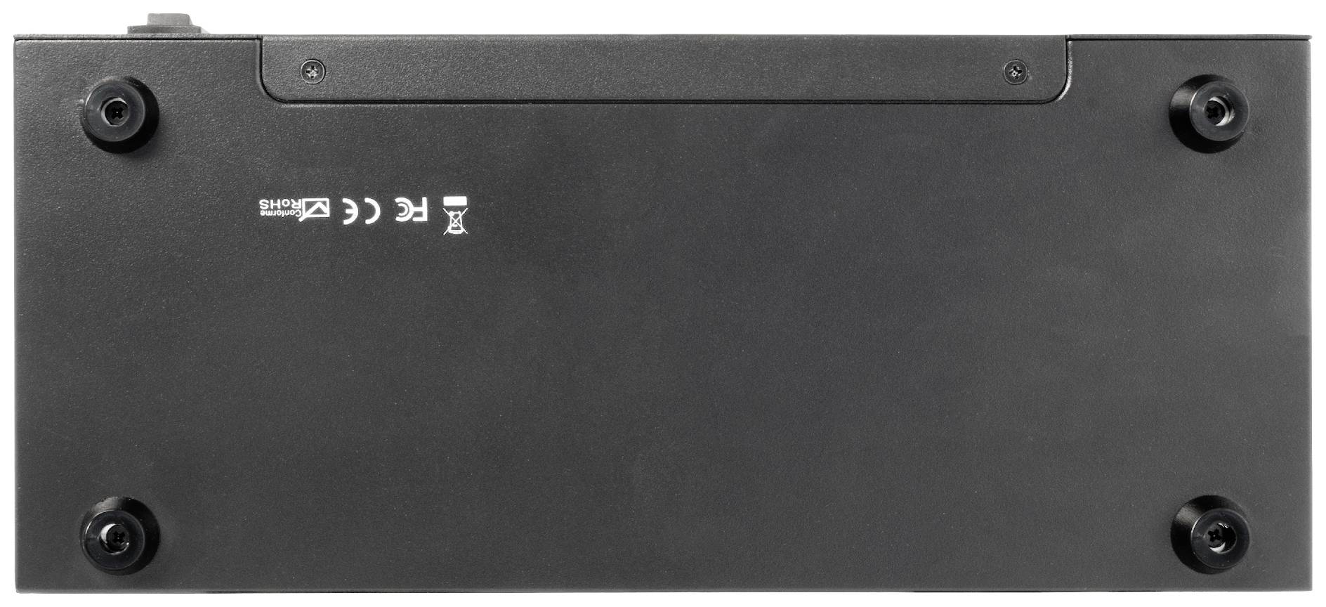 Un appareil rectangulaire noir vu de dessous, avec quatre pieds ronds aux coins et des symboles techniques au centre.