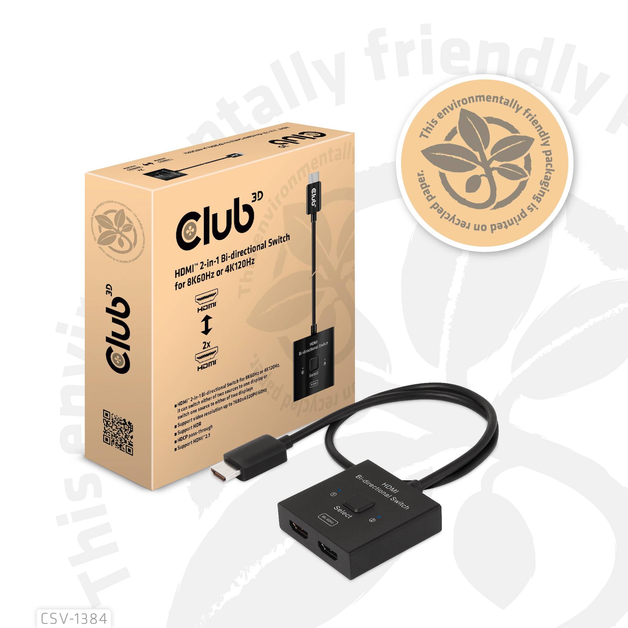 Commutateur HDMI 2.1 8K bidirectionnel Club 3D, montre un appareil électronique avec un câble à côté de son emballage.