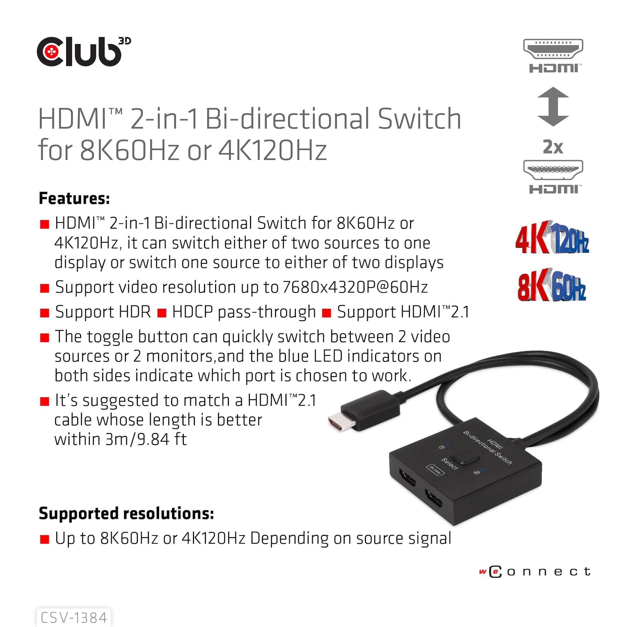 'Image d'un commutateur HDMI™ bidirectionnel 2-en-1 pour résolutions 8K60Hz ou 4K120Hz. Présente l'appareil, ses principales fonctionnalités et les résolutions prises en charge.'
