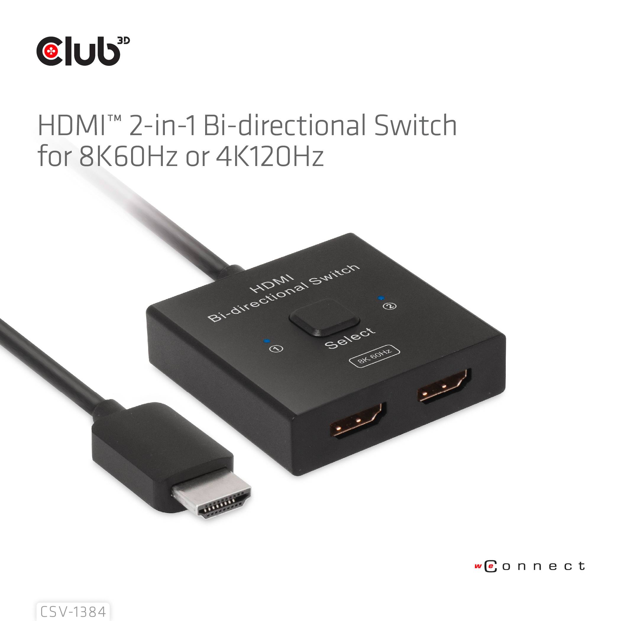 Un commutateur bidirectionnel HDMI 2-en-1 pour 8K60Hz ou 4K120Hz avec deux entrées HDMI et un bouton de sélection est présenté.
