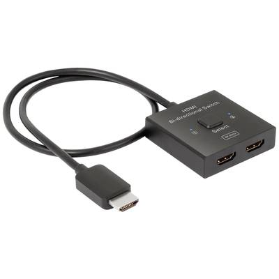 Commutateur HDMI bidirectionnel avec deux sorties HDMI et une entrée HDMI, commutable par bouton-poussoir, pour applications multimédia.