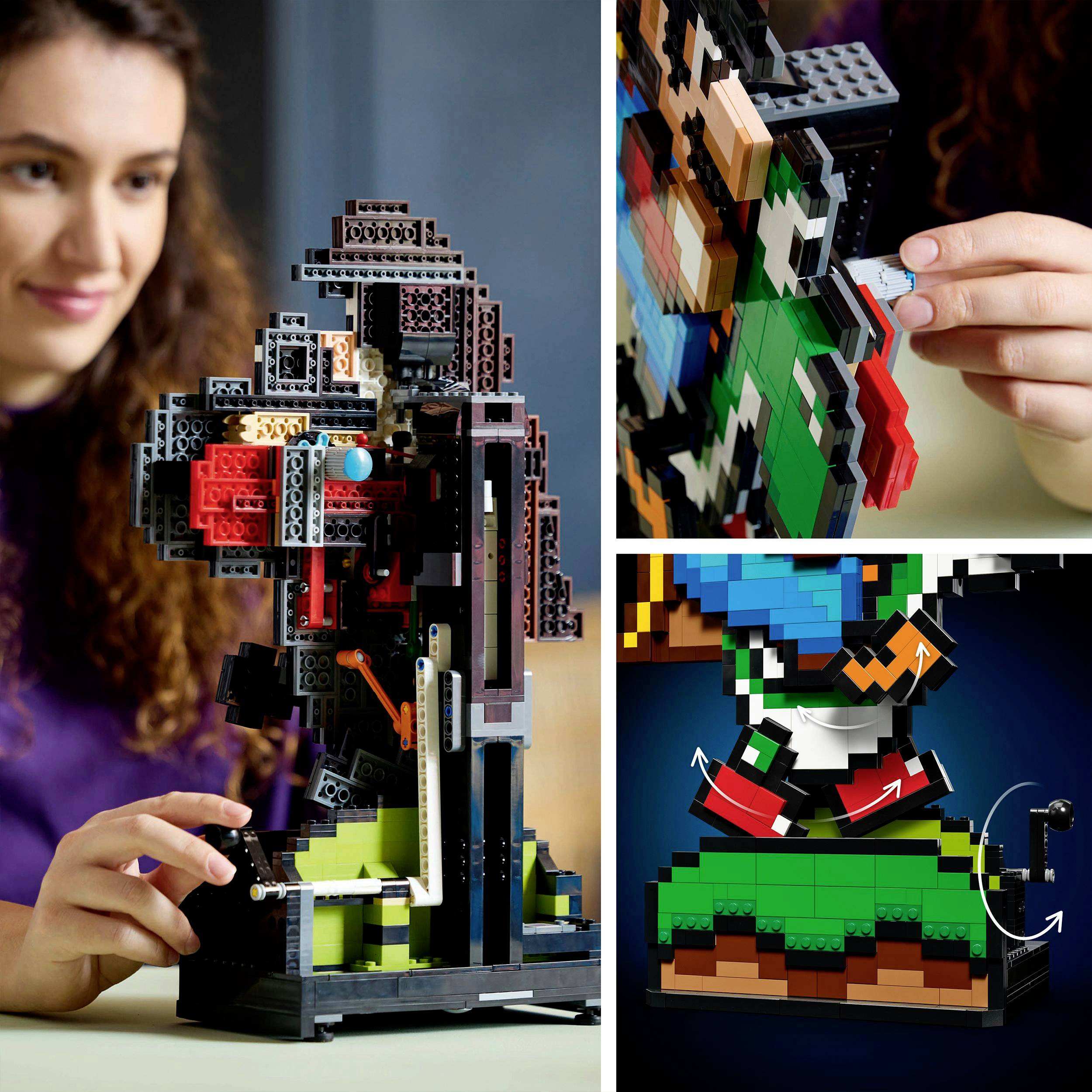 Une personne construit une structure LEGO complexe qui mélange l'art traditionnel et l'art pixelisé. Des gros plans montrent les détails manuels du modèle.