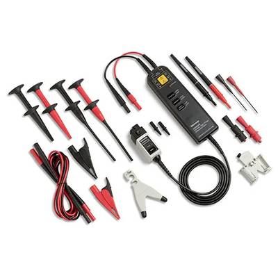 Un ensemble d'accessoires de mesure pour oscilloscope comprenant différentes sondes, câbles et pinces. Appareil principal au centre avec plusieurs possibilités de connexion.