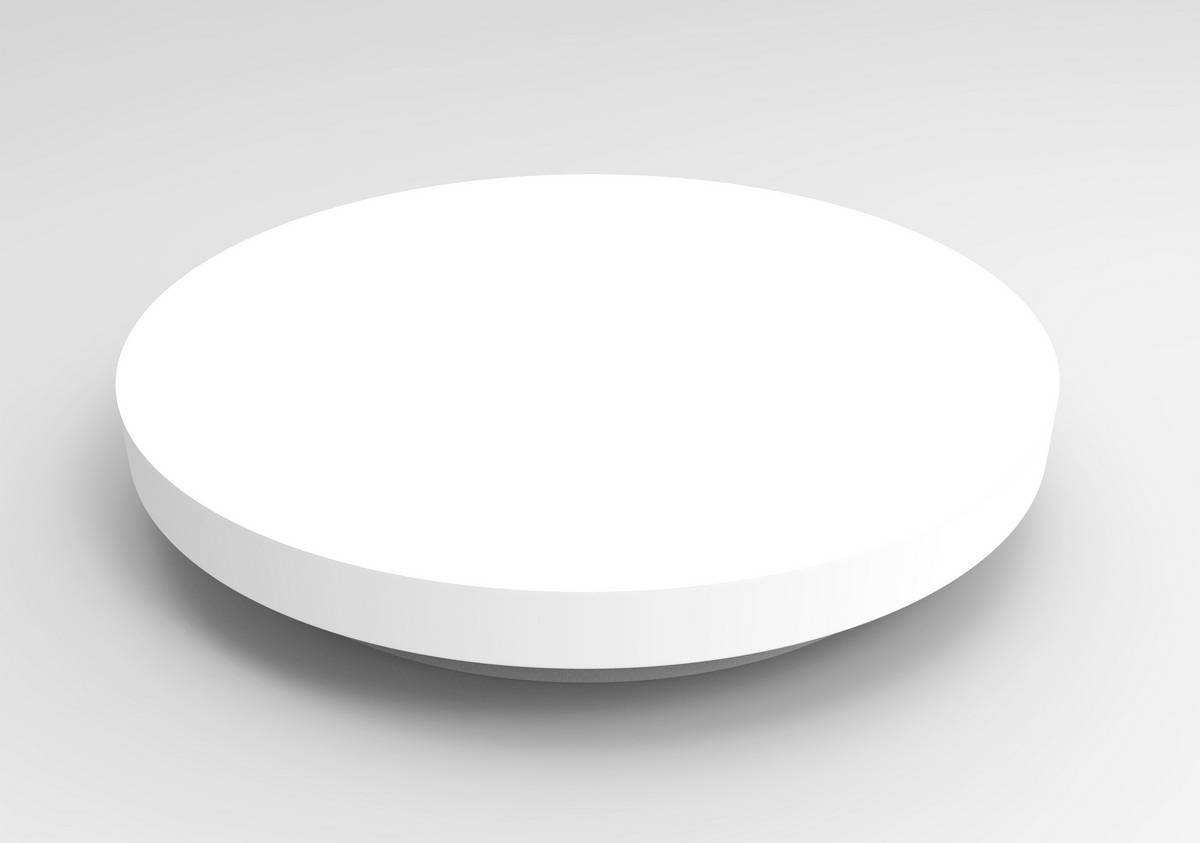 Socle rond, blanc et plat devant un fond gris, adapté à la présentation ou comme base pour divers objets ou produits.