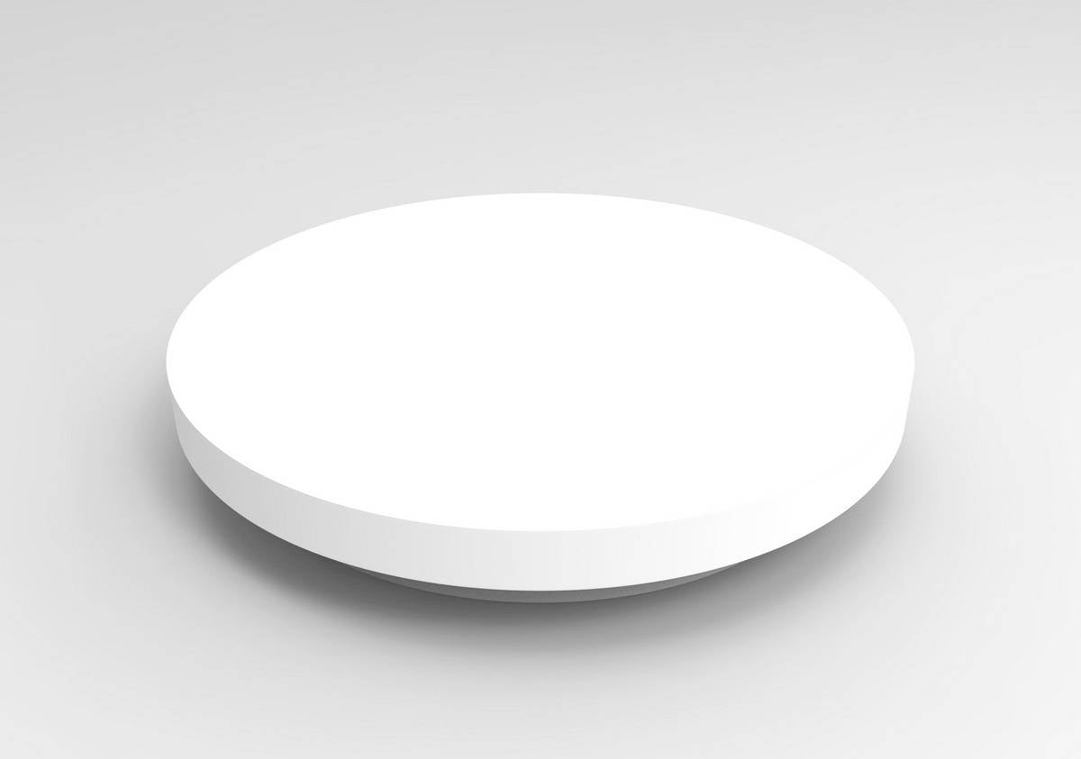 Un socle de présentation blanc, rond et vide sur un fond gris.