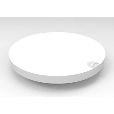 Objet rond, blanc, plat avec un petit capteur circulaire sur le bord.
