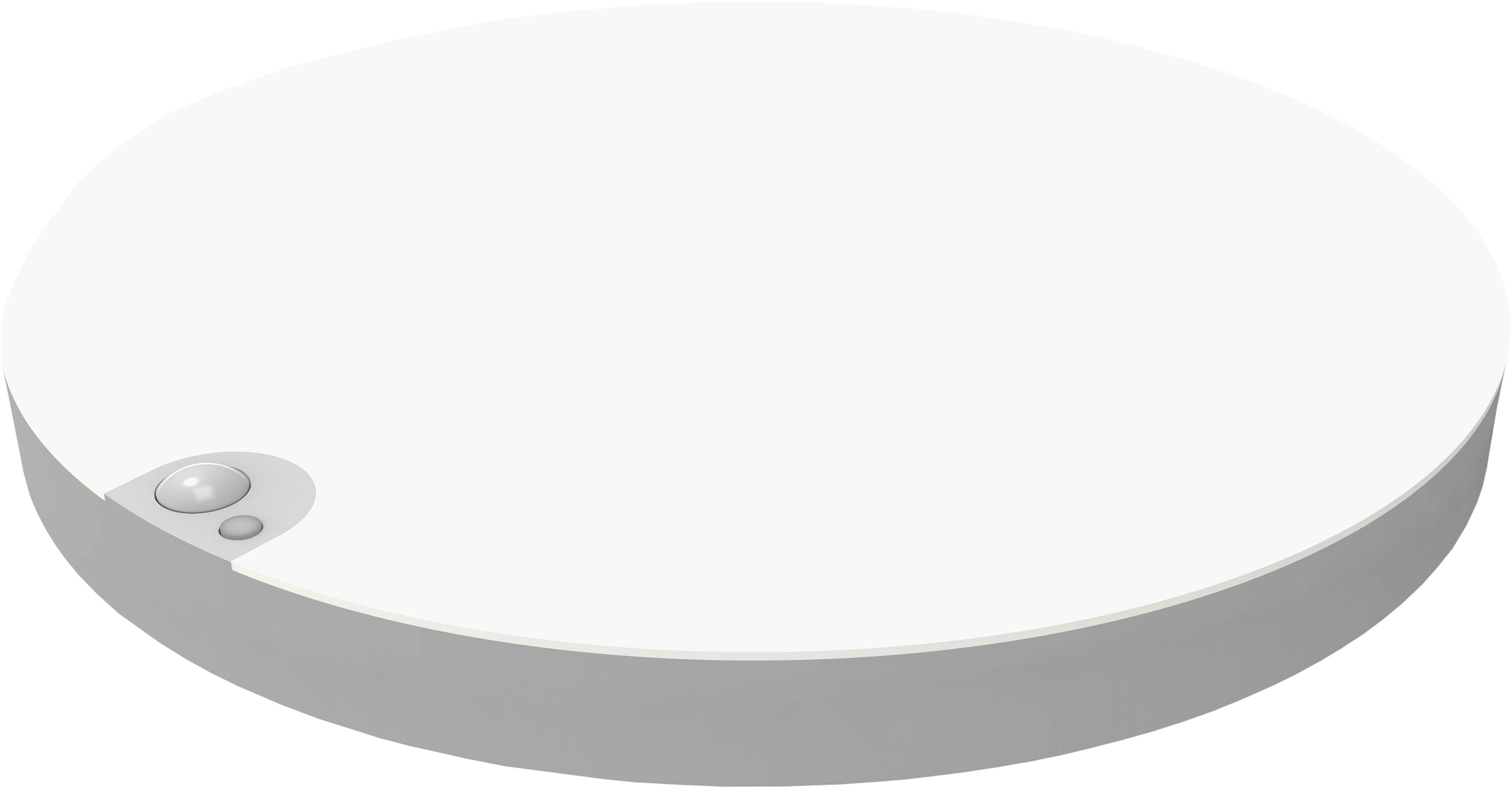 Un bol rond, plat, blanc avec deux petits boutons sur un bord.