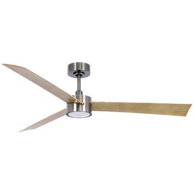 Ventilateur de plafond en métal avec trois pales en bois et un luminaire central.