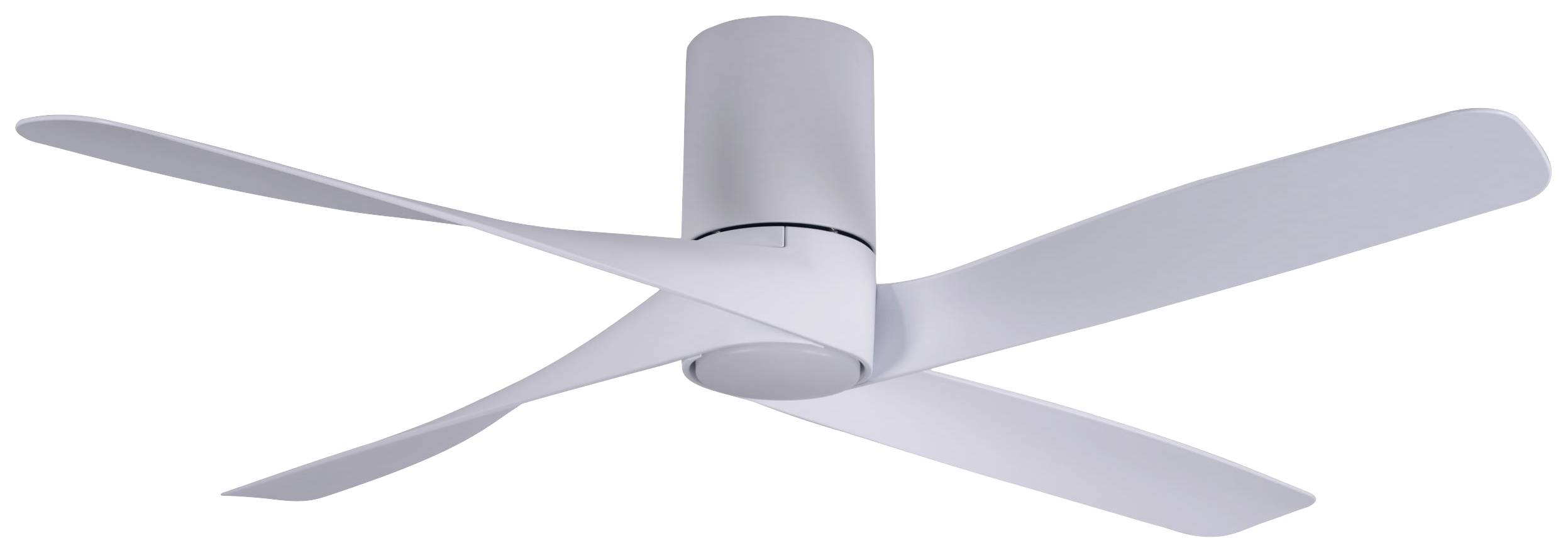 Ventilateur de plafond moderne avec quatre pales blanches, design épuré.