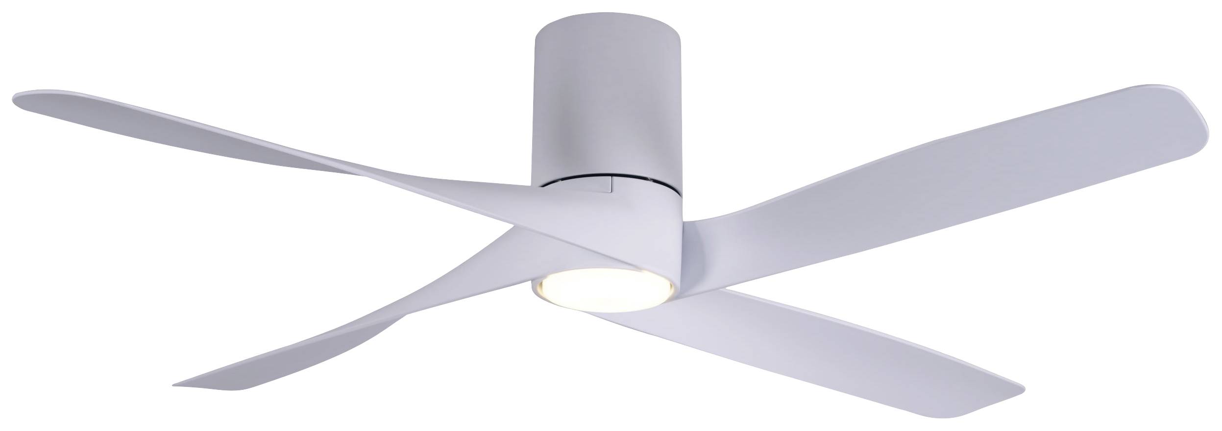Un ventilateur de plafond moderne blanc à quatre pales avec éclairage intégré, adapté pour la climatisation et l'éclairage de la pièce.