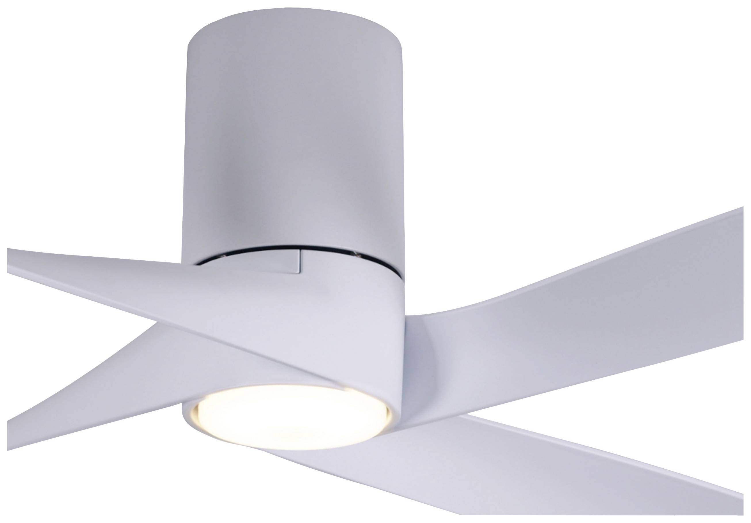 Ventilateur de plafond aux ailes blanches modernes, doté d'un luminaire LED circulaire intégré en son centre.