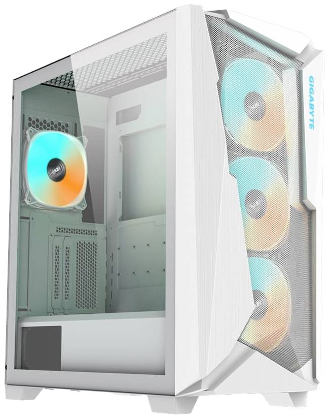Un boîtier d'ordinateur blanc avec un côté en verre révèle des ventilateurs colorés et un intérieur spacieux pour PC. À gauche est inscrit 'GIGABYTE'.