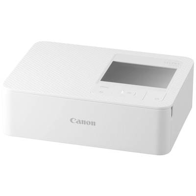 Une imprimante photo blanche Canon avec un écran et des touches de commande sur le côté supérieur droit, sans bac à papier visible.