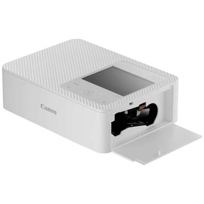 Imprimante photo blanche, compacte, avec écran et capot du bac à papier ouvert.