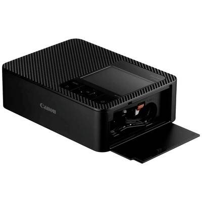 Un imprimante Canon noir compact avec un bac à papier ouvert et un écran numérique sur le dessus.