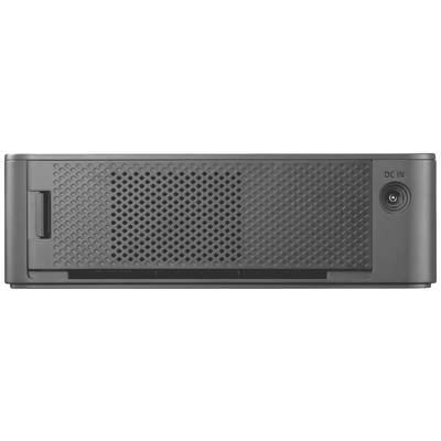 Une boîte noire rectangulaire avec des fentes de ventilation et une entrée d'alimentation CC sur la droite.