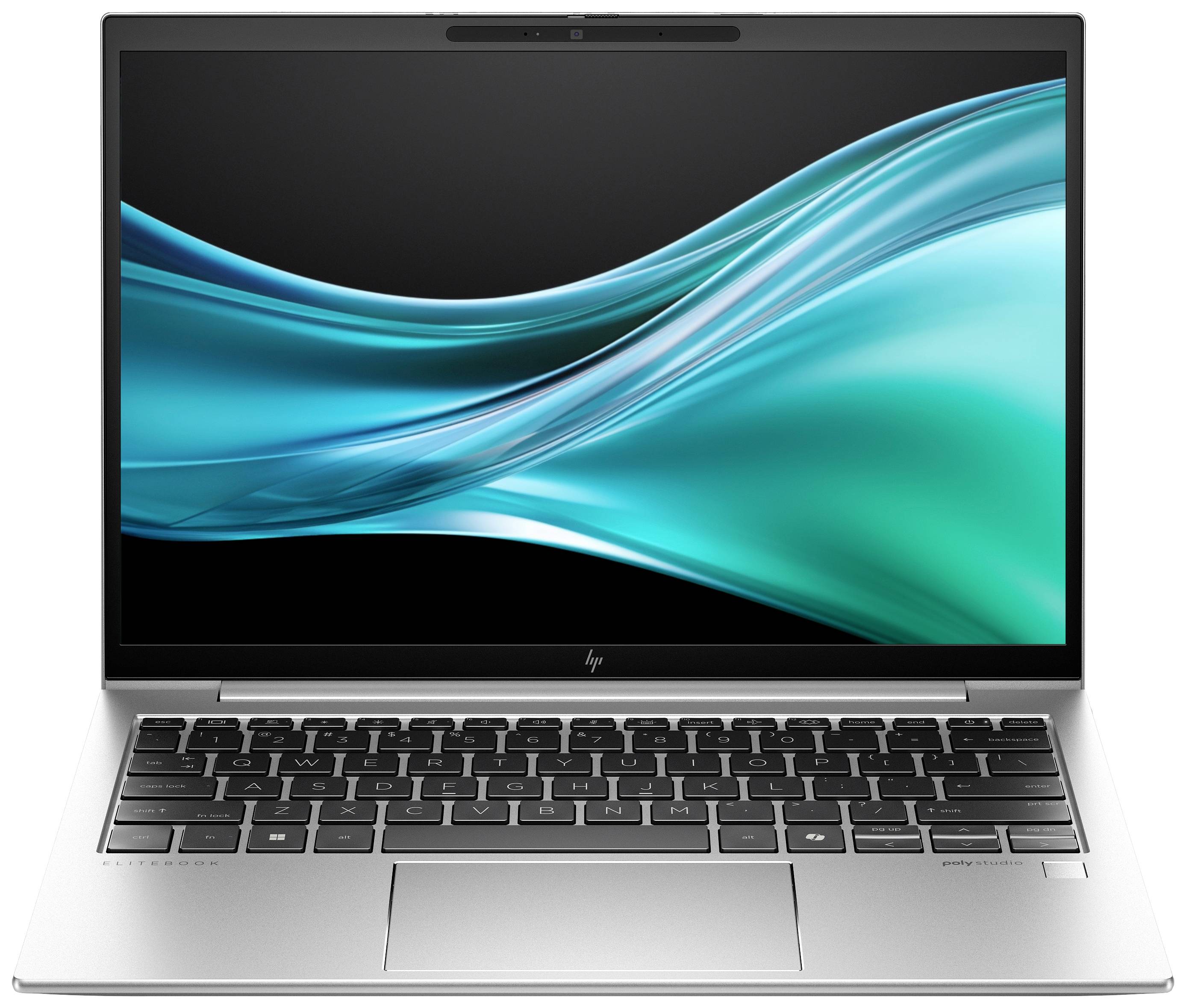Un ordinateur portable moderne avec un clavier noir et un écran ouvert. L'écran affiche un motif abstrait de vagues bleu et vert.
