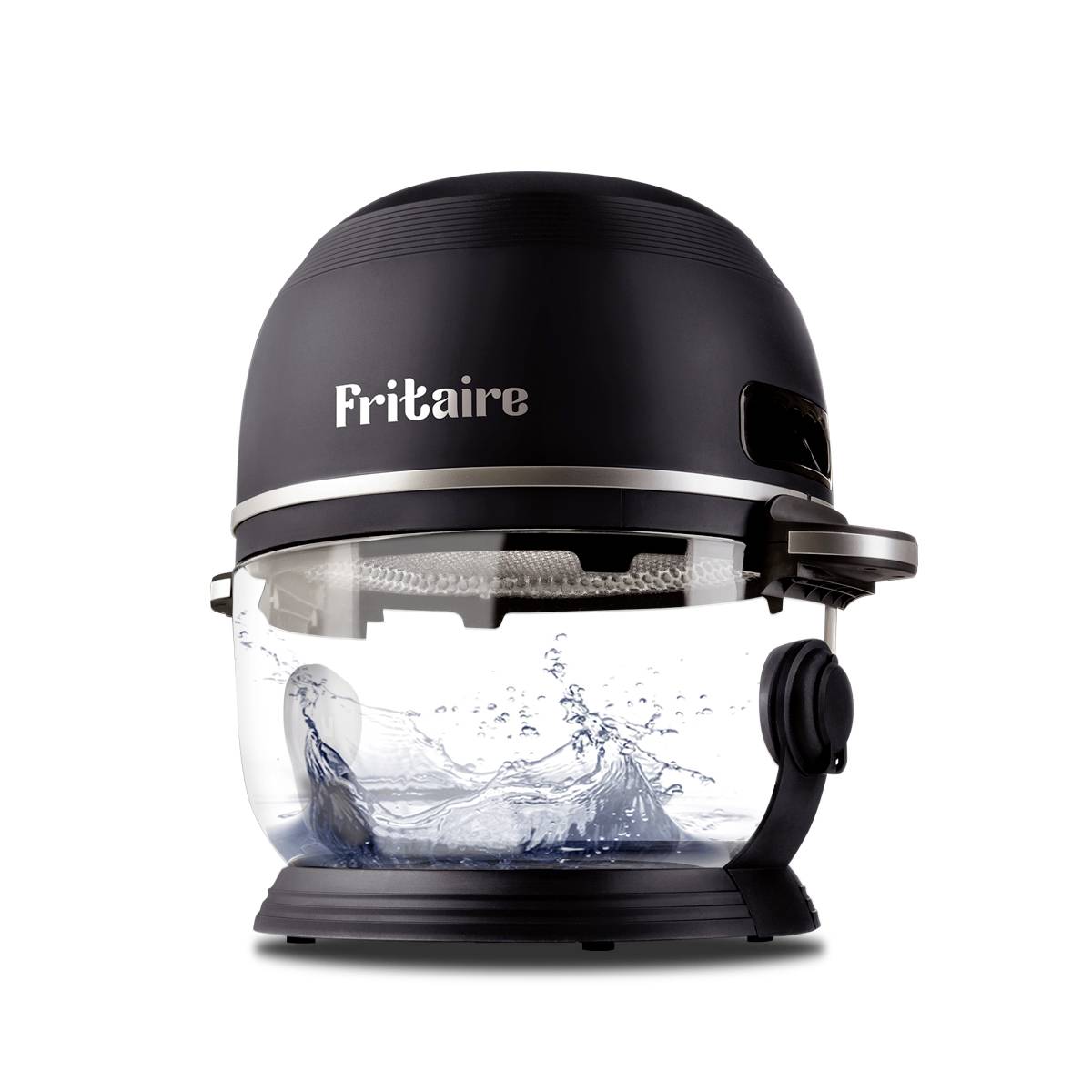 Friteuse noire avec partie inférieure transparente, panier mi-visible à l'intérieur, nom de marque 'Fritaire' sur le dessus.