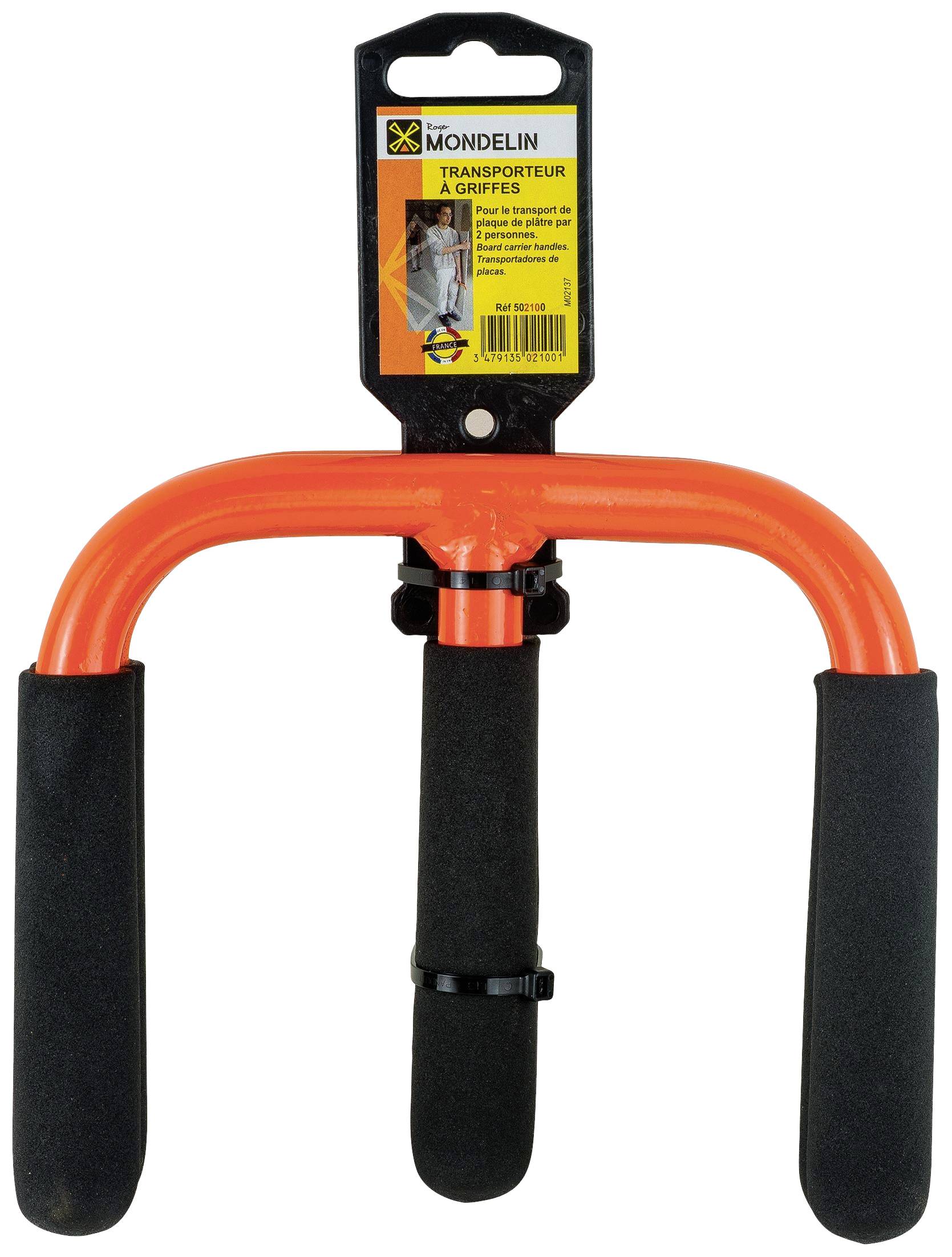 Poignée de transport avec coussin noir et cadre orange, munie d'une étiquette affichant la marque 'Mondelin' et les informations du modèle.