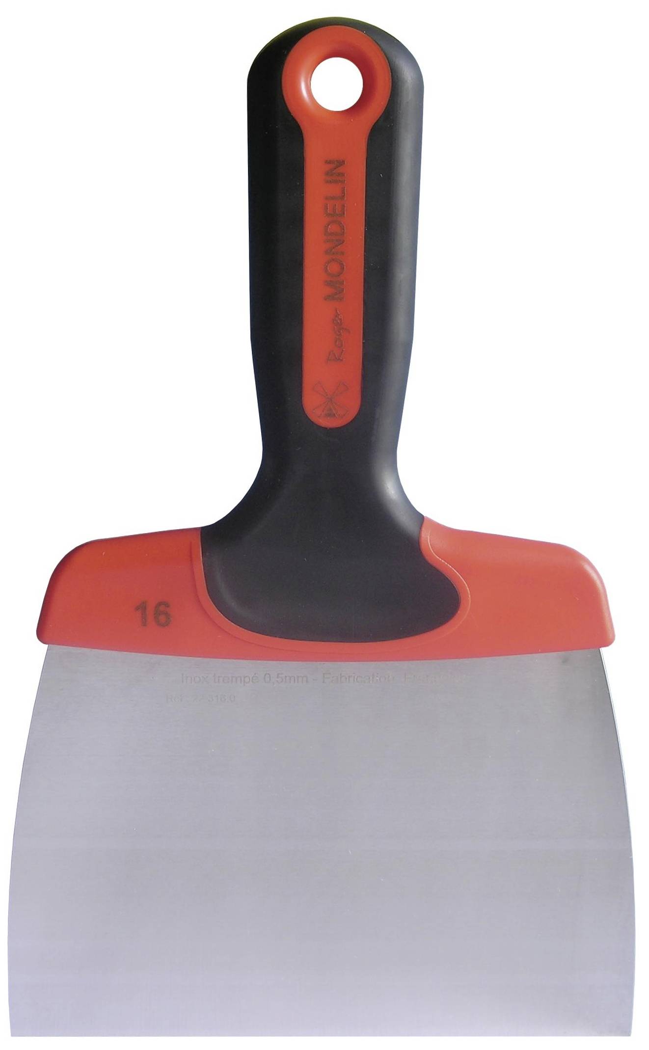 Un large couteau à enduire avec manche rouge et lame en métal, adapté pour lisser et gratter lors de la peinture ou de la rénovation.