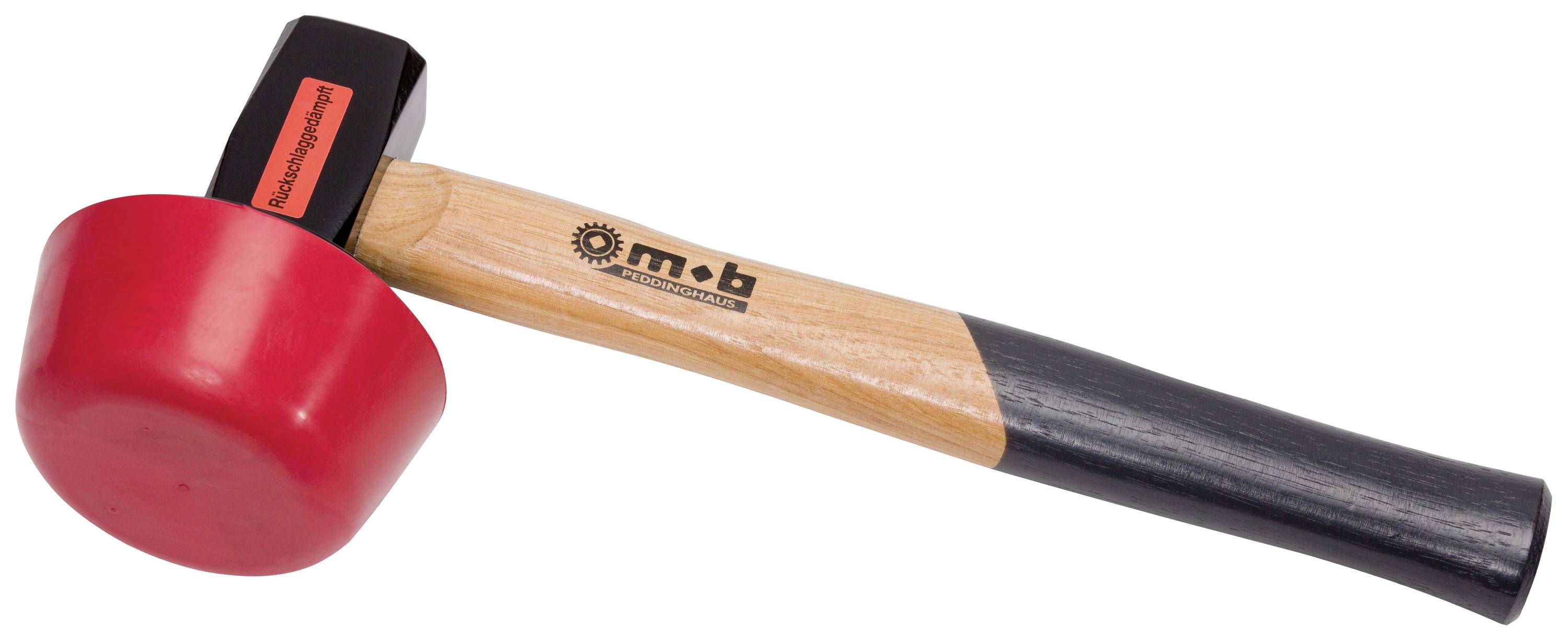 Marteau en bois avec tête en plastique rouge et manche noir, marqué du logo 'm+b'. Convient aux travaux nécessitant des coups délicats.