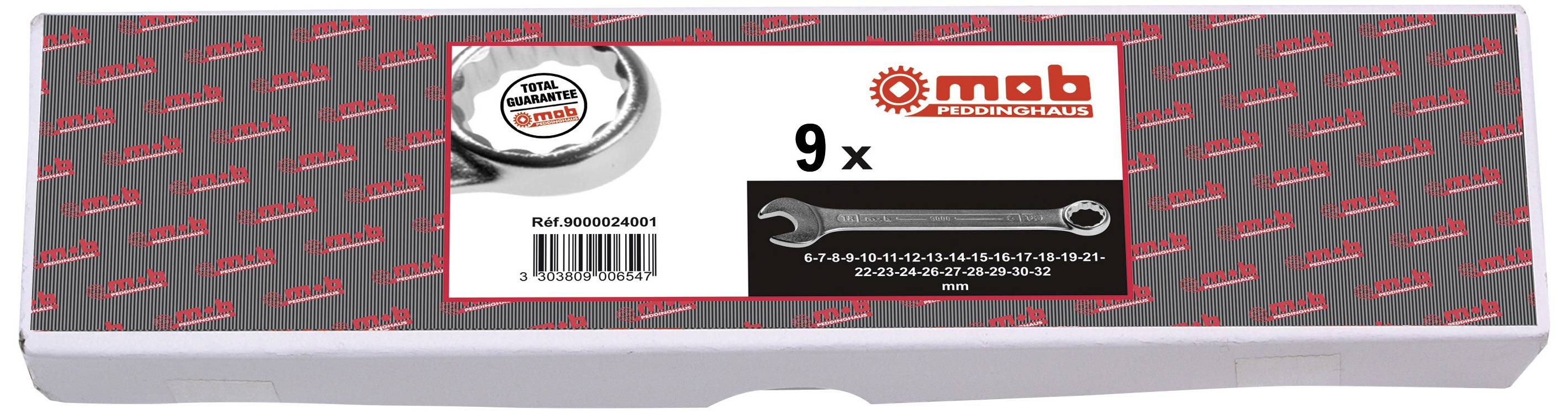 Boîte métallique contenant neuf clés à fourche, portant l'inscription 'mob', numéro d'article. Boîte avec un design de logo rouge et noir.