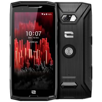 Un smartphone robuste avec un boîtier noir et un écran affichant des graphiques de skyline urbaine. Date à l'écran : '16 oct.'