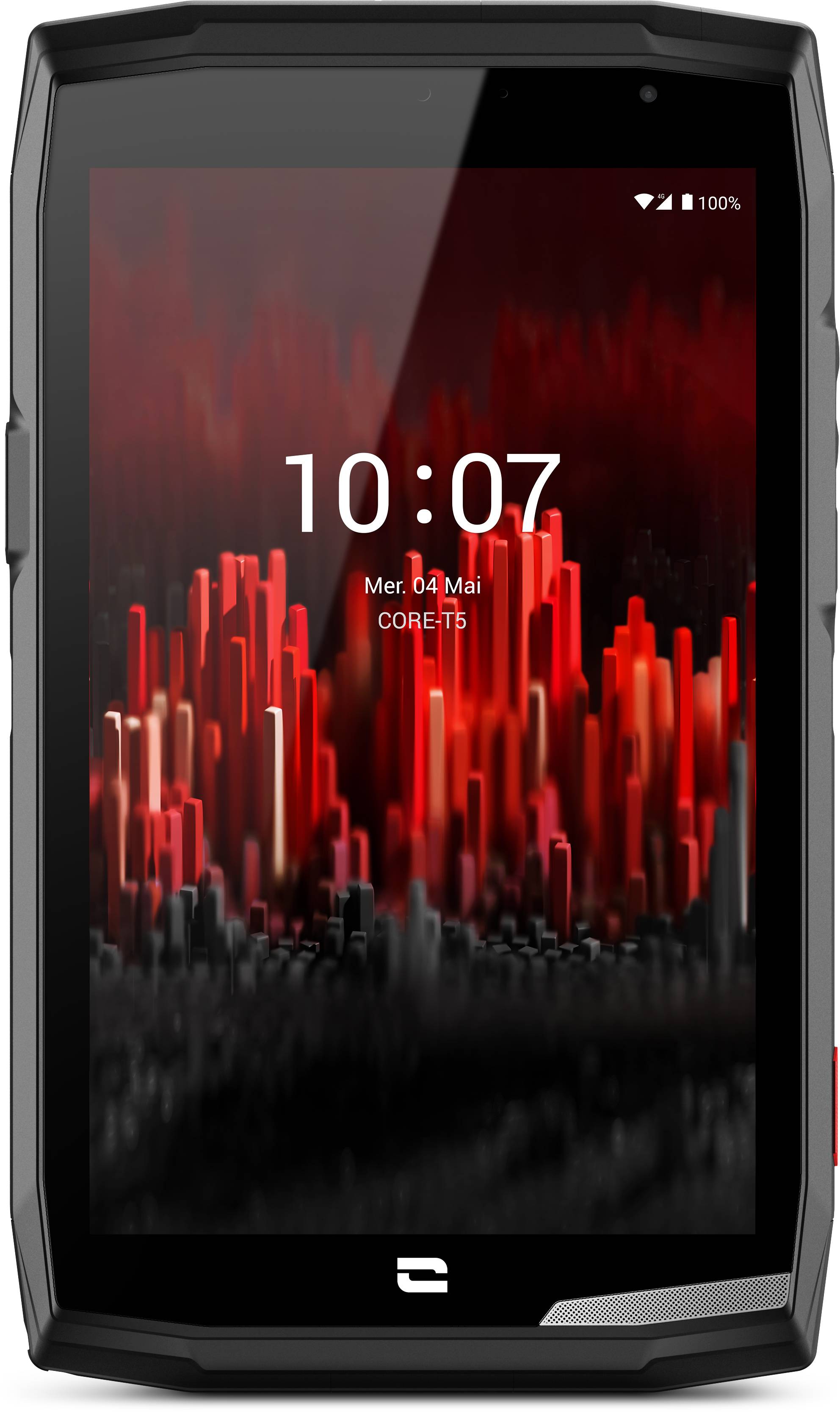 Une tablette noire robuste avec un motif de fond abstrait rouge et une horloge numérique affichant '10:07' le 4 mai, avec une batterie complètement chargée.