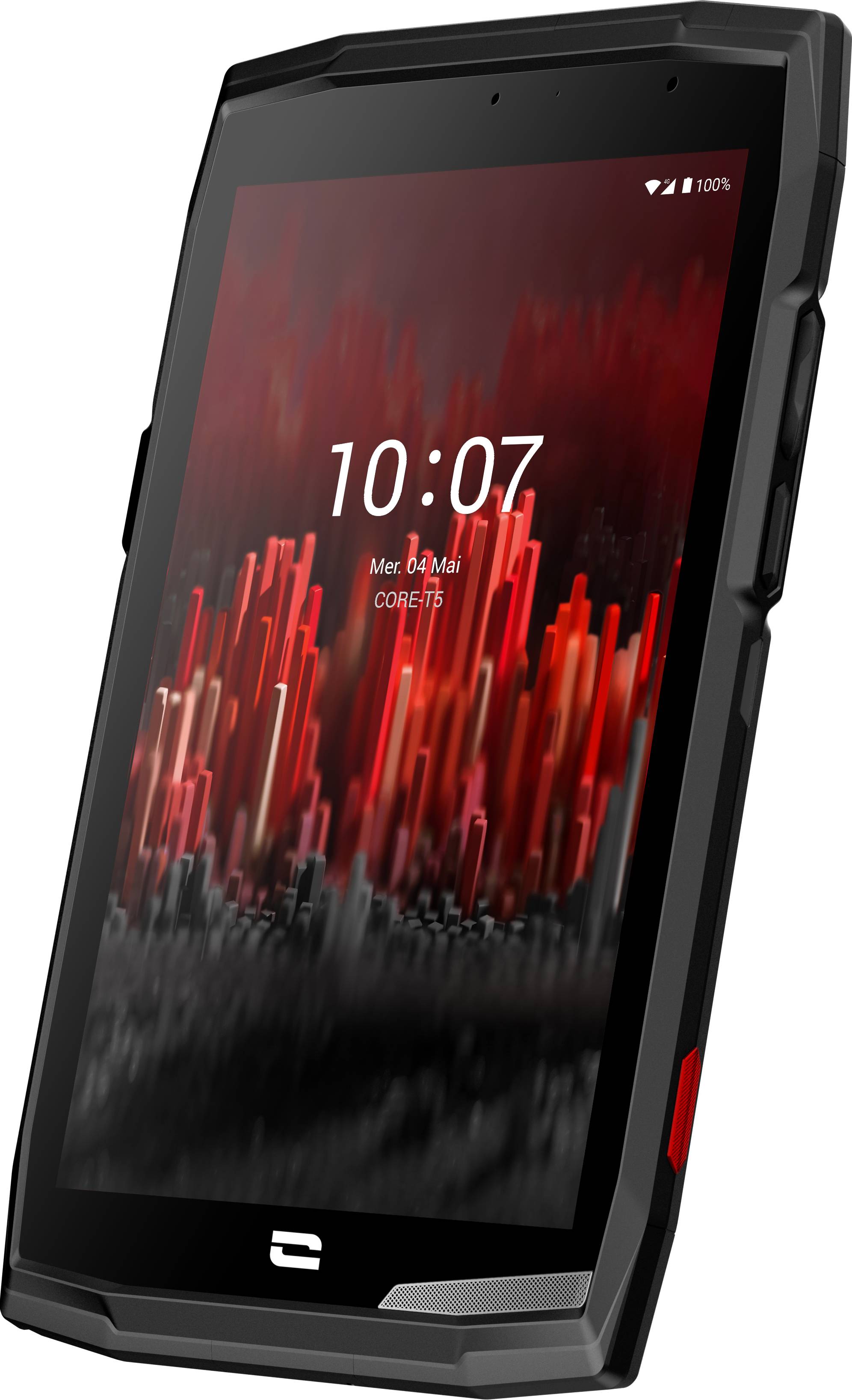Une tablette noire et robuste avec un fond d'écran rouge et noir, affichant l'heure '10:07'.
