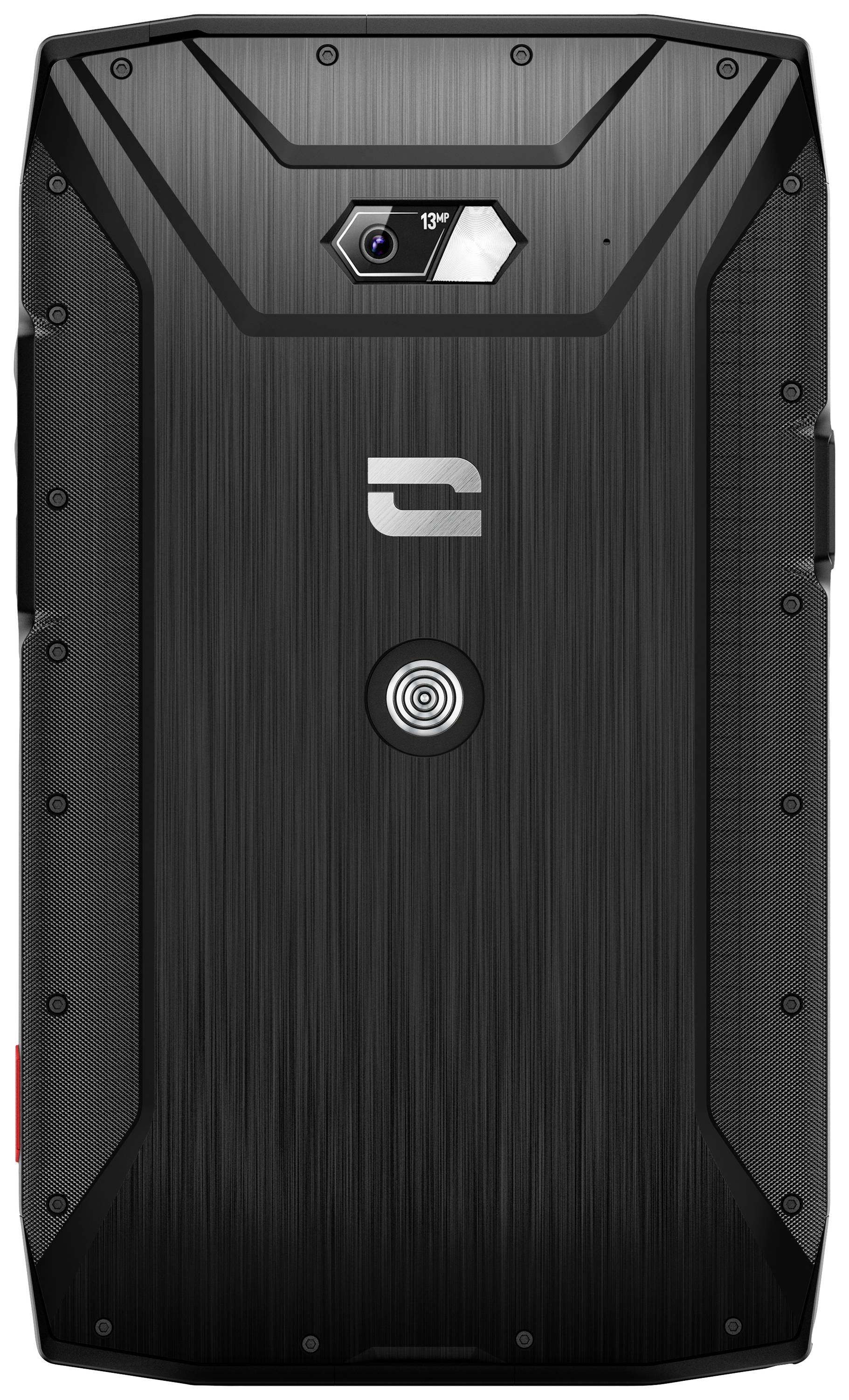 Smartphone robuste vu de dos, boîtier noir avec caméra centrée en haut et logo argenté au milieu.