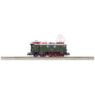 Un modèle d'une locomotive électrique historique verte sur une voie ferrée, avec des pantographes rouges et de nombreux détails.