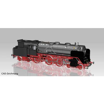 Dessin CAO d'une locomotive à vapeur historique avec des roues rouges, une chaudière grise et de nombreux détails techniques sur un fond clair.