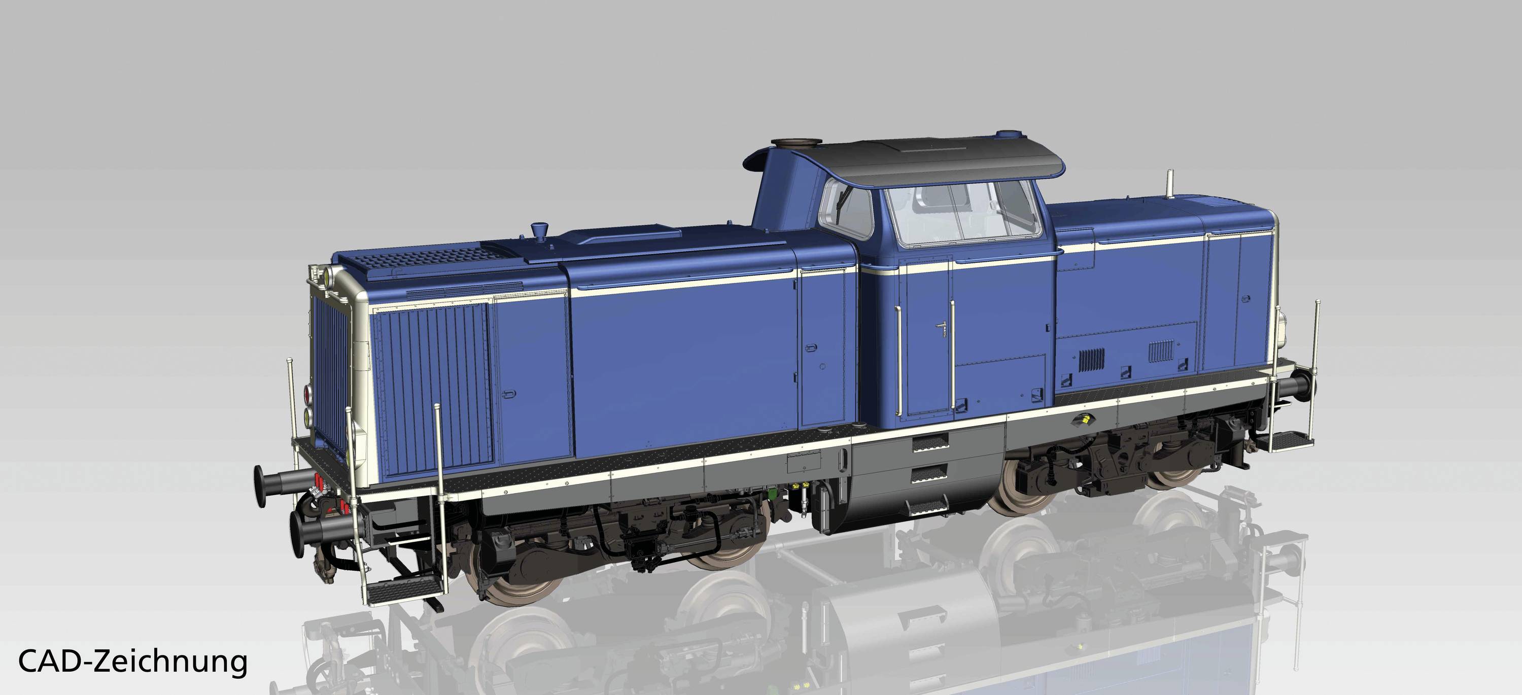 Une locomotive bleue dans un dessin CAO, vue latérale avec des détails visibles de la structure et des essieux, sur un fond gris.