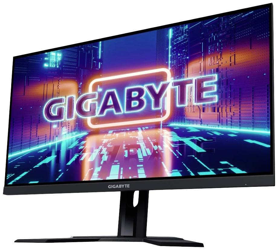 Un moniteur d'ordinateur de la marque Gigabyte affiche un motif numérique néon avec l'inscription 'GIGABYTE' au centre de l'écran.