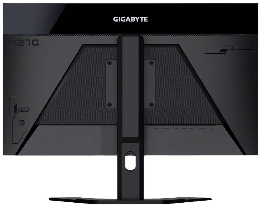 Un moniteur noir GIGABYTE, modèle M27Q, vu de dos, avec un socle central et des fentes d'aération sur les côtés.
