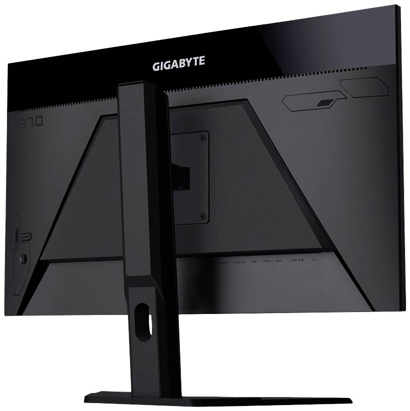 Un moniteur noir vu de dos, reconnaissable par l'inscription 'Gigabyte'. Montre le support et différents ports de connexion.