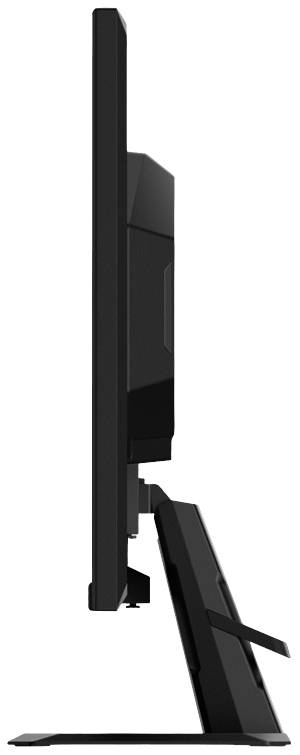Un écran d'ordinateur vu de profil, avec un cadre fin et un socle stable, adapté aux environnements de bureau modernes.