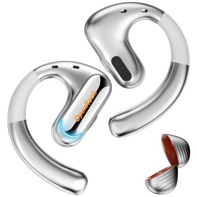 Écouteurs sans fil au design ergonomique ouvert en argent, accompagnés de leur boîtier de charge assorti.