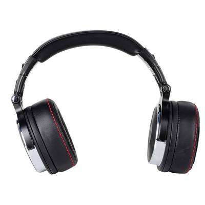 Casque noir avec coutures rouges et détails argentés, sur fond blanc.