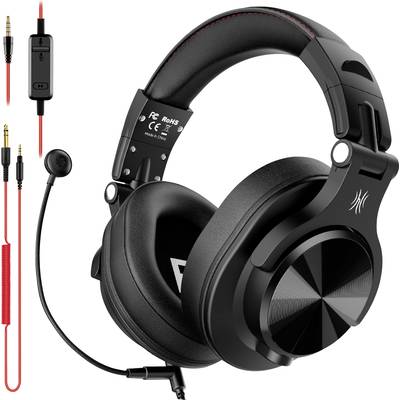 Casque audio noir circumauriculaire avec microphone ajustable et contrôle de volume, livré avec un câble rouge amovible de 3,5 mm.