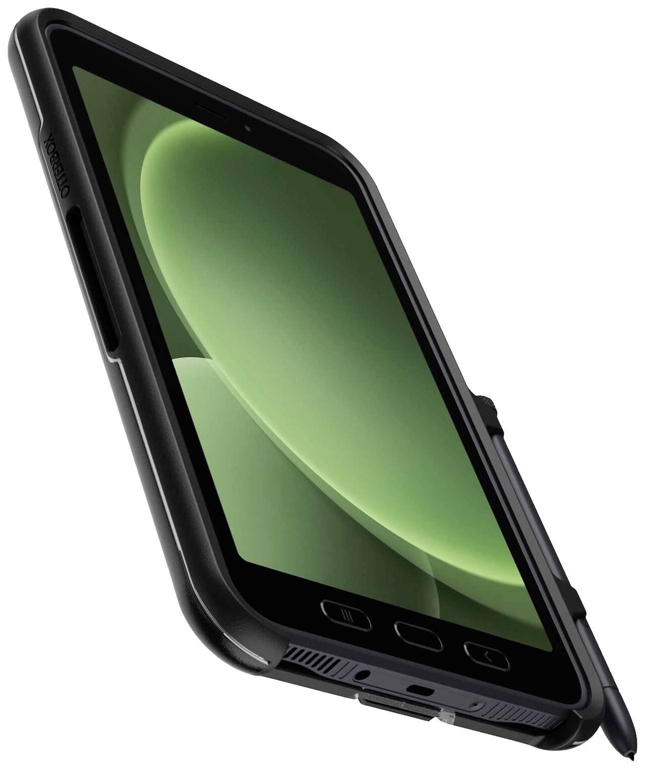 Un smartphone robuste avec un boîtier noir et un écran vert. L'appareil semble durable et protecteur.