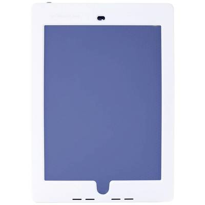 Un cadre en plastique blanc avec une zone rectangulaire bleue au centre, ressemblant à une tablette, sans éléments de commande visibles.