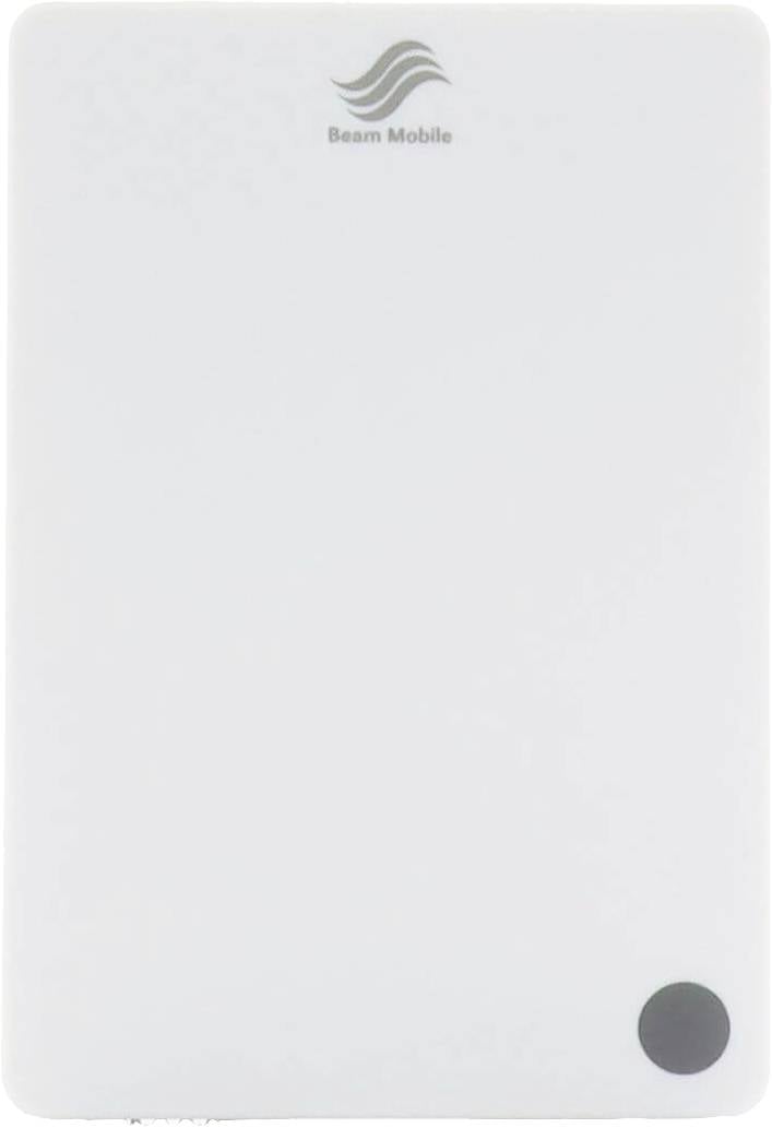 Un appareil blanc rectangulaire avec un petit cercle noir dans le coin inférieur et le logo 'Beam Mobile' en haut.